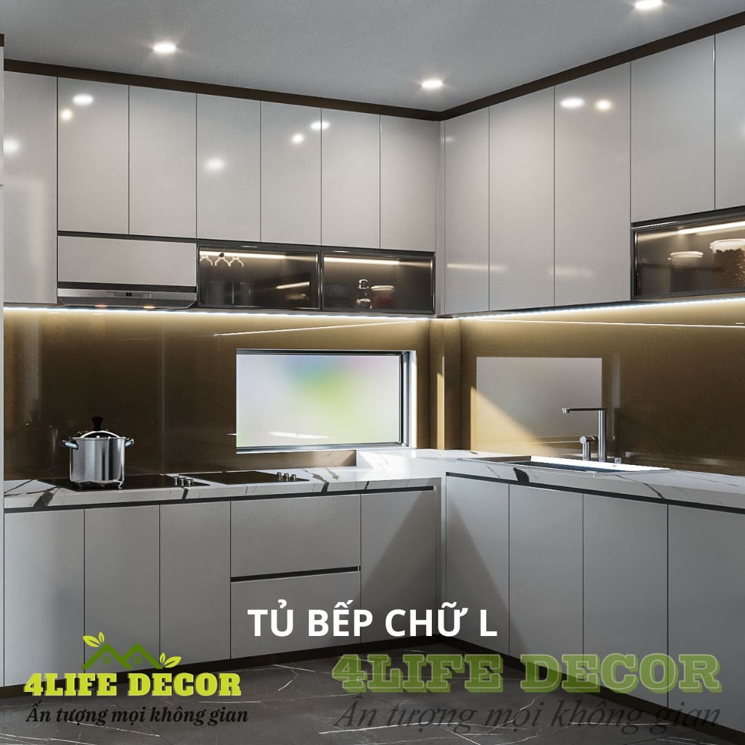 Mẫu tủ bếp chữ L ACRYLIC đẹp