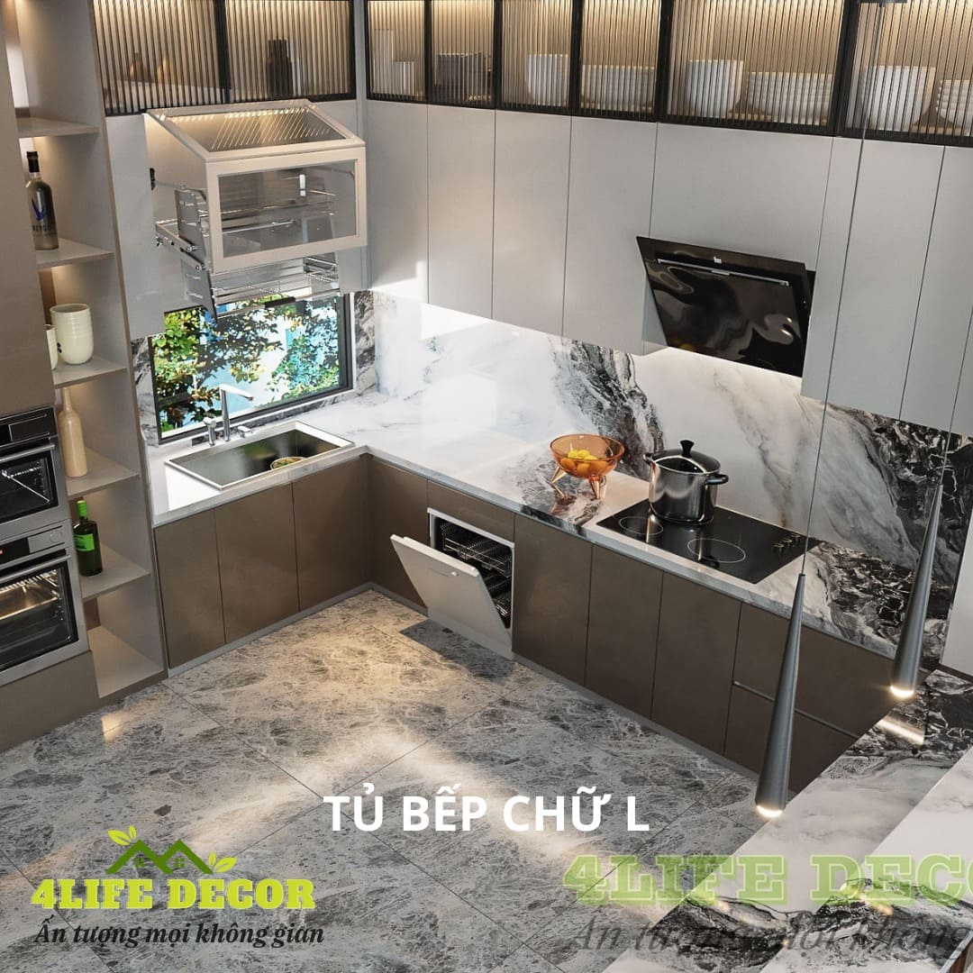 Tủ bếp chữ L acrylic cao kịch trần 