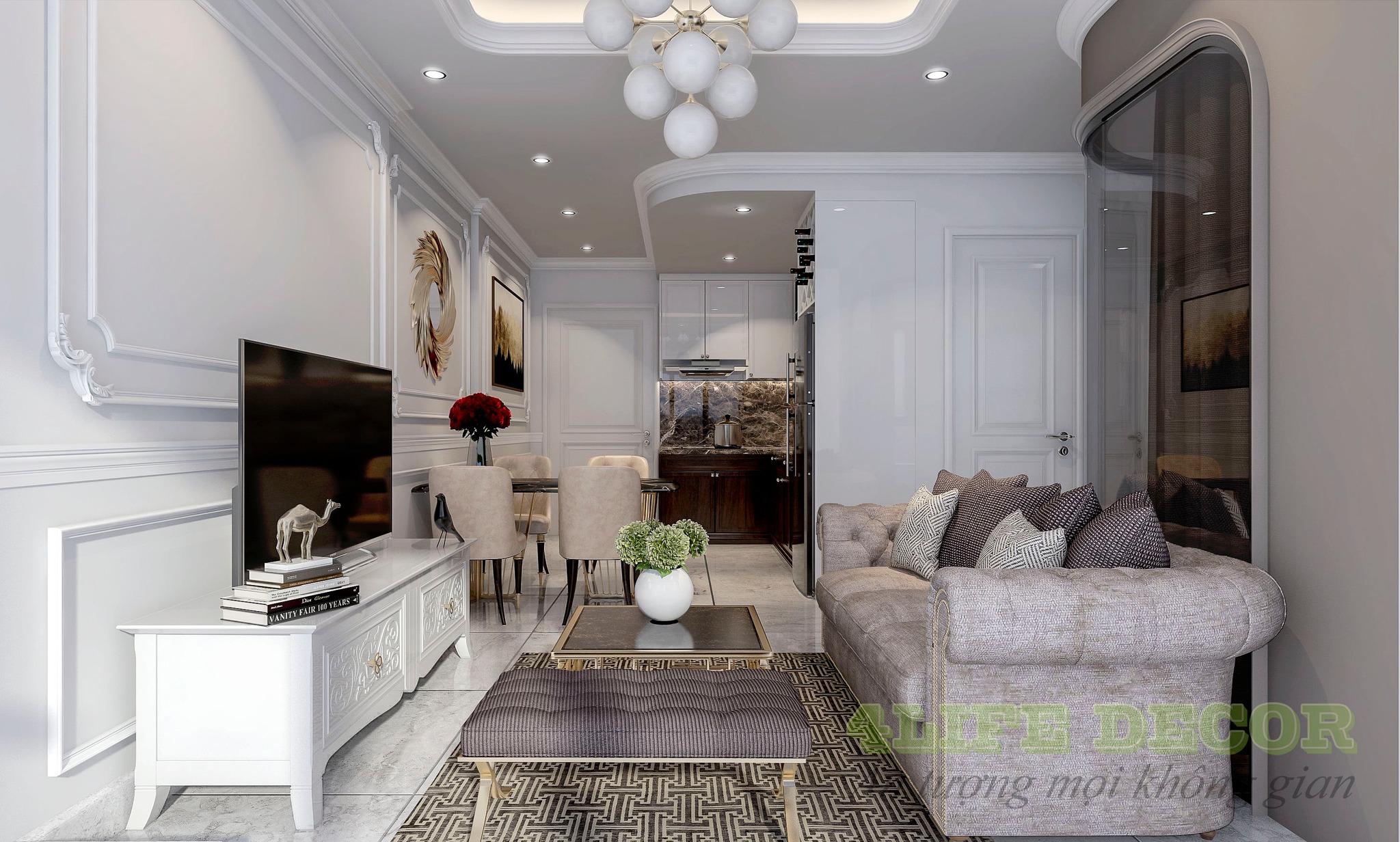 Tủ kệ Tivi phòng khách phong cách Tân cổ điển